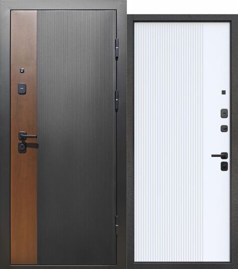 Дверь входная металлическая Е-Трейд 9 см Вертикаль Грецкий орех / Муар черный - Белый